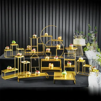 [ 14 PCS ] Europeu Mesa de Sobremesa Mostrar a Decoração do Casamento Conjunto Simples de bolo de Dim sum rack buffet de pequeno-almoço chá de quebra de tabela de Ouro