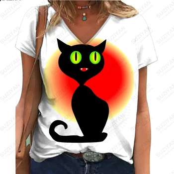 2023 Mulheres de Verão de Moda de Nova Animal Bonito Gato 3D Impresso T-shirt Manga Curta Mulher V-pescoço Solto, Relaxado Suburbano Topo