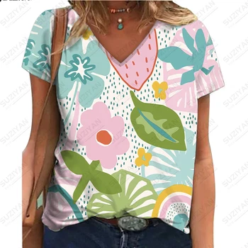 2023 Mulheres de Verão de Moda de Nova Colorido Fragmentada Impressos em 3D de Manga Curta T-shirt feminina com decote em V Suburbano Estilo Casual Topo