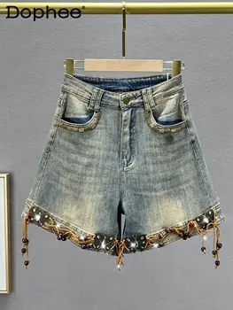 2023 Verão de Novo Fina Shorts Jeans Mulheres Elástico de Cintura Alta Emagrecimento Ins Estilo Retro Grande Perna Shorts Jeans de Uma linha de Hot Pants
