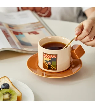 250ml Europeia Pixel Xícara de Café Pires Colher de Conjunto de Chá da Tarde inglês, Home Office de Cerâmica, Café com Leite, Bebida de Fruta de Sobremesa, Xícara