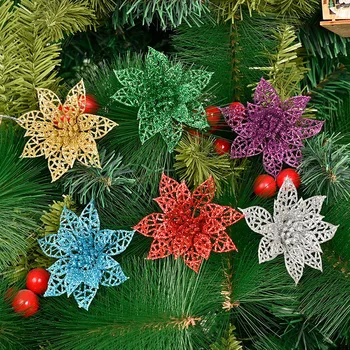 5Pcs de Plástico Oco Glitter Belas Flores Artificiais do Natal Festa de Árvore de Natal Decoração de Casamento Enfeites de 15 CM Pingente