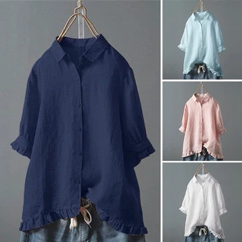 A coleção primavera / Verão T-shirt de Mulher Roupa de cama de Algodão Casual Solta Blusa Branca, Azul Marinho, Cor Sólida, de Manga Curta Botão Tops Boho Camisa