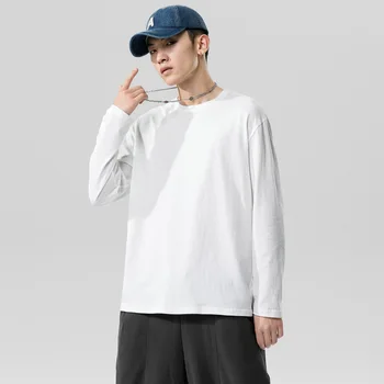 Algodão dos Homens de manga comprida T-shirt da Primavera e do Outono Solto Branco Puro Camisola de Assentamento Camisa de Roupas masculinas Tees O-Tops com Decote