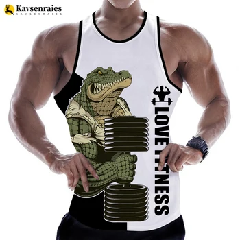Crocodilo Amor de Fitness 3D Tops de GINÁSTICA T-shirt Animal Letra Imprimir Colete os Homens Verão a Musculação Streetwear Tops sem Mangas Tees