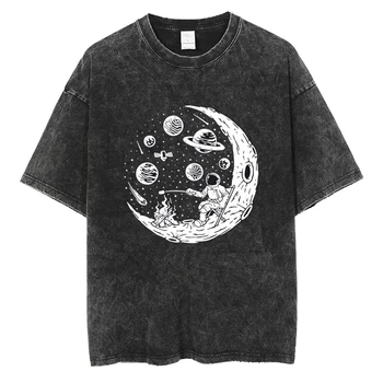 Engraçado Astronauta Lua Churrasco de Impressão de T-shirt de Algodão de Alta Qualidade Lavado Vintage Homens de Roupa Hip Hop e Streetwear de Manga Curta T