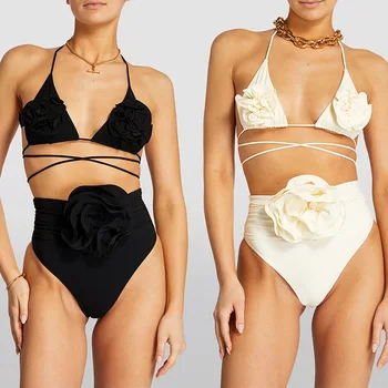 Fashion Swimwear Cor Sólida Maiô Sexy sem encosto Dividido Moda 3D Flor de cintura Alta Biquíni de Verão, roupas de Praia Cobrir
