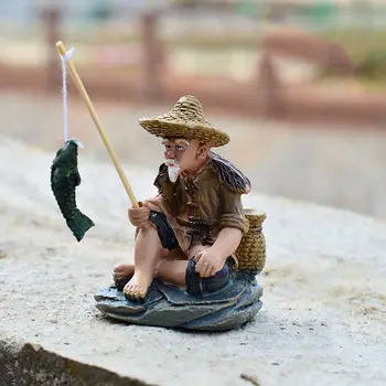 Feito À Mão Escultura De Resina Pescador Estatueta Em Miniatura Bonsai, Decoração De Fadas Ornamento De Jardim Micro Paisagem