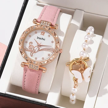 Feminino 2022 Novo de Luxo Senhoras Relógio Bracelete Conjunto de Quartzo relógio de Pulso de 2 peças do Conjunto de Mulheres relógio Relógio de Presente Pulseira de Couro Reloj Mujer