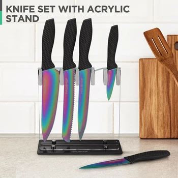 HAUSHOF Faca de Cozinha Conjunto de 5 Peças de arco-íris Conjuntos de facas com o Bloco de Aço superior Conjunto de Facas para Cozinha com Punho Ergonómico