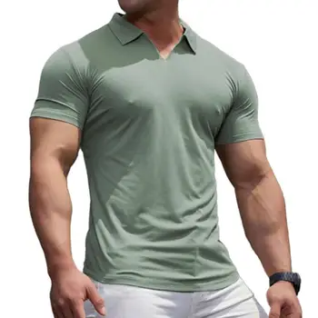 Homens com Decote em V T-Shirts da Moda de Verão de Cor Sólida Polo Camisas Casuais Manga Curta Slim Pulôver de Polo de Mens camisas, Tops de hombre