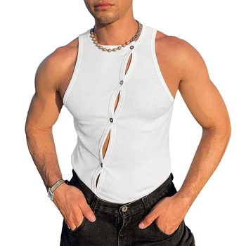 Homens s Músculo Esportes parte Superior do Tanque de Cor Sólida Botão sem Mangas de Malha Rib Ginásio Topo de Tanque Respirável Basquete T-Shirt
