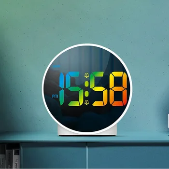 Inglês simples DIODO emissor de Luz Colorida Espelho Relógio Pequeno Relógio Digital Desktop Elegante Circular Relógio Eletrônico Dual Alarme o colf