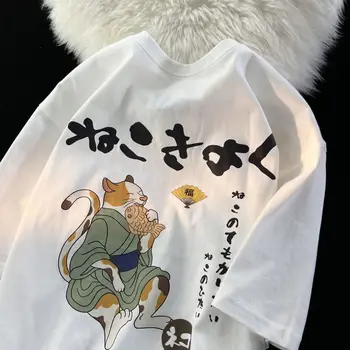 Japonês Retrô Vintage Gato Impressão de manga Curta Oversized T-shirt das Mulheres de Verão Solta de Estudantes de Hong Kong Estilo Chique de Algodão Y2k Tops