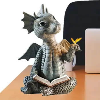 Little Dragon Dinossauro Meditação Da Leitura Do Livro De Escultura, Figura Jardim De Decoração De Casa De Enfeite De Resina