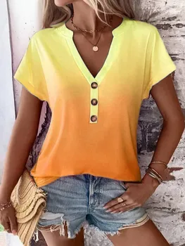 Moda das Mulheres Bloues 2023 Verão Produto Gradiente Botão Imprimir Casual Manga Curta feminina T-shirt Pulôver Básico Tee Y2k Topo