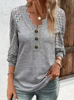 Moda Mulher Blusa 2023 Primavera/verão Nova Moda Casual V-Neck Lace Design de Botão Pulôver Slim Fit T-Shirt Básica e Versátil