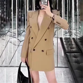 Mulheres Blazers 2023 Outono Nova-coreano Moda Double Breasted Ajuste Fino Revestimento de Alta Auality de Lã Misturada Senhora traf
