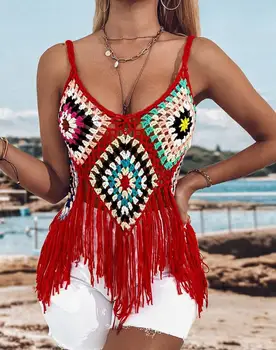 Mulheres Sexy do Tanque Tampa Superior Até 2023 Nova Moda Boho Borla Projeto de Cobertura da Praia Até Geométricas Topo Crochet Vintage Tecido de Capa de Até