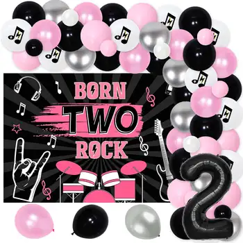 Nascido Duas Rock Festa de Aniversário, Decorações Menina de Rock and Roll do Aniversário de 2 anos de Suprimentos com o plano de Fundo, a Música de Guitarra cor-de-Rosa de Arco de Balão