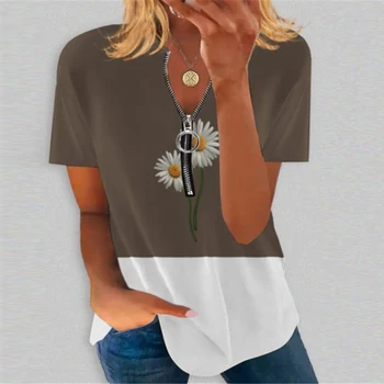 Novas Mulheres, Camisa de Manga Curta de Verão Tops Senhoras Zip para Cima V-Pescoço a Letra de Camisa de Impressão Mulheres Casual Camiseta de Moda das Mulheres T-shirt