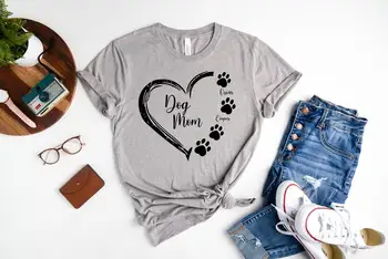 Personalizado Cão Mãe Camisa, Cão Mãe Com Nomes, o Dia da Mãe Mamãe de Presente Para Mulheres 100% Algodão T-shirts O-pescoço, camisa de Manga Curta T