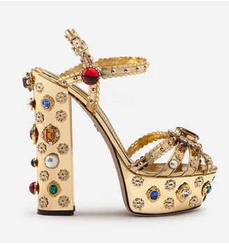 Plataforma de Chunky Calcanhar de Mulheres Sandálias de Verão 2023 Ouro Luxo de Diamante Peep Toe Sandálias de Salto Alto 14Cm de Senhoras Sapatos de Casamento Sapatos