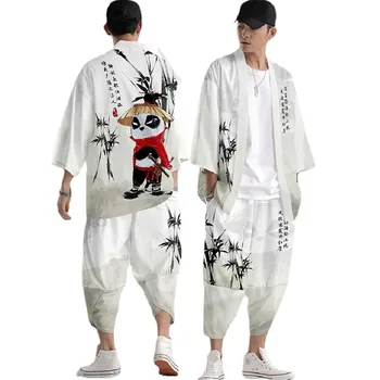 Roupa de duas peças Oversize S-6XL Solta Japonês Cardigan Mulheres Homens Cosplay Yukata Roupas Harajuku Kimono de Samurai + Conjuntos de Calças