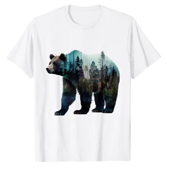 Urso Floresta De Árvores De Arte Animal Print Animal-Motif-Urso T-Shirt Engraçada Tee Gráfico Y2k Tops Urso De Mama Bonito Com Roupas Estética Roupas