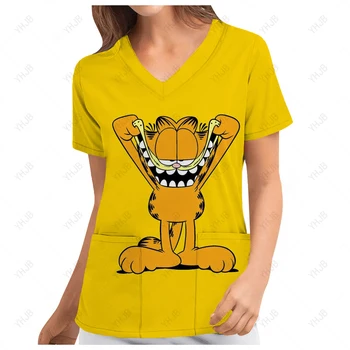 Verão de Mulheres 2023 desenho animado Garfield Enfermeira de Uniforme Vintage Impresso T-Shirt com Decote em V Feminino Enfermeira de Uniforme