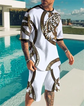 Verão Homens Conjuntos de Shorts com Roupas do Vestuário Masculino Rua T-Shirt de Duas peças de Impressão 3D Casual O-Pescoço Treino de grandes dimensões Praia Sportwear