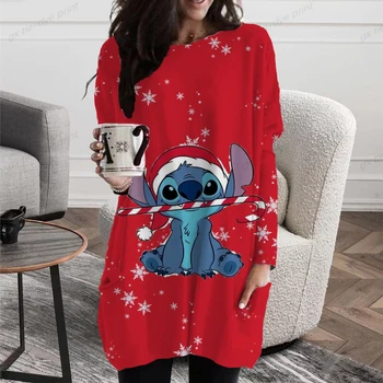 Vintage Disney Stitch Imprimir O Pescoço Pulôver De T-Shirt Das Mulheres De Natal De Impressão Casual Solta Rua Diária Básica Tops De Manga Longa Tees