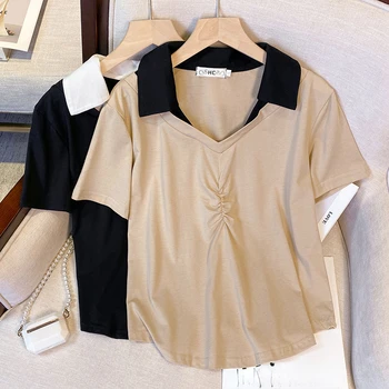 XL-4XL Tamanho Grande Shirring T-shirt de Algodão Mulheres 2023 Verão coreano Curto de manga com decote em V Basic Tops Soltos Splicing Cor Tshirts