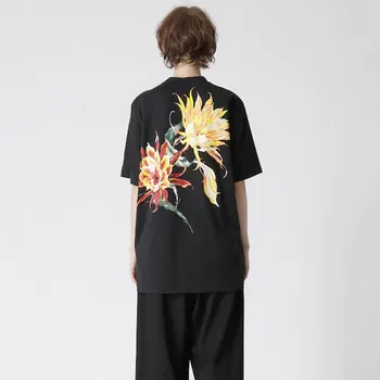 Yohji Yamamoto Verão Novo Estilo Dark Epiphyllum estampa Floral Homens E Mulheres Casual e Versátil em torno do Pescoço T-shirt