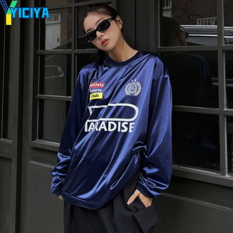 YICIYA crop Top mulheres y2k T-shirt roupas coreano Prata de grandes dimensões Corridas de novos tees blusas de manga comprida T-shirts Hip-hop ins tops