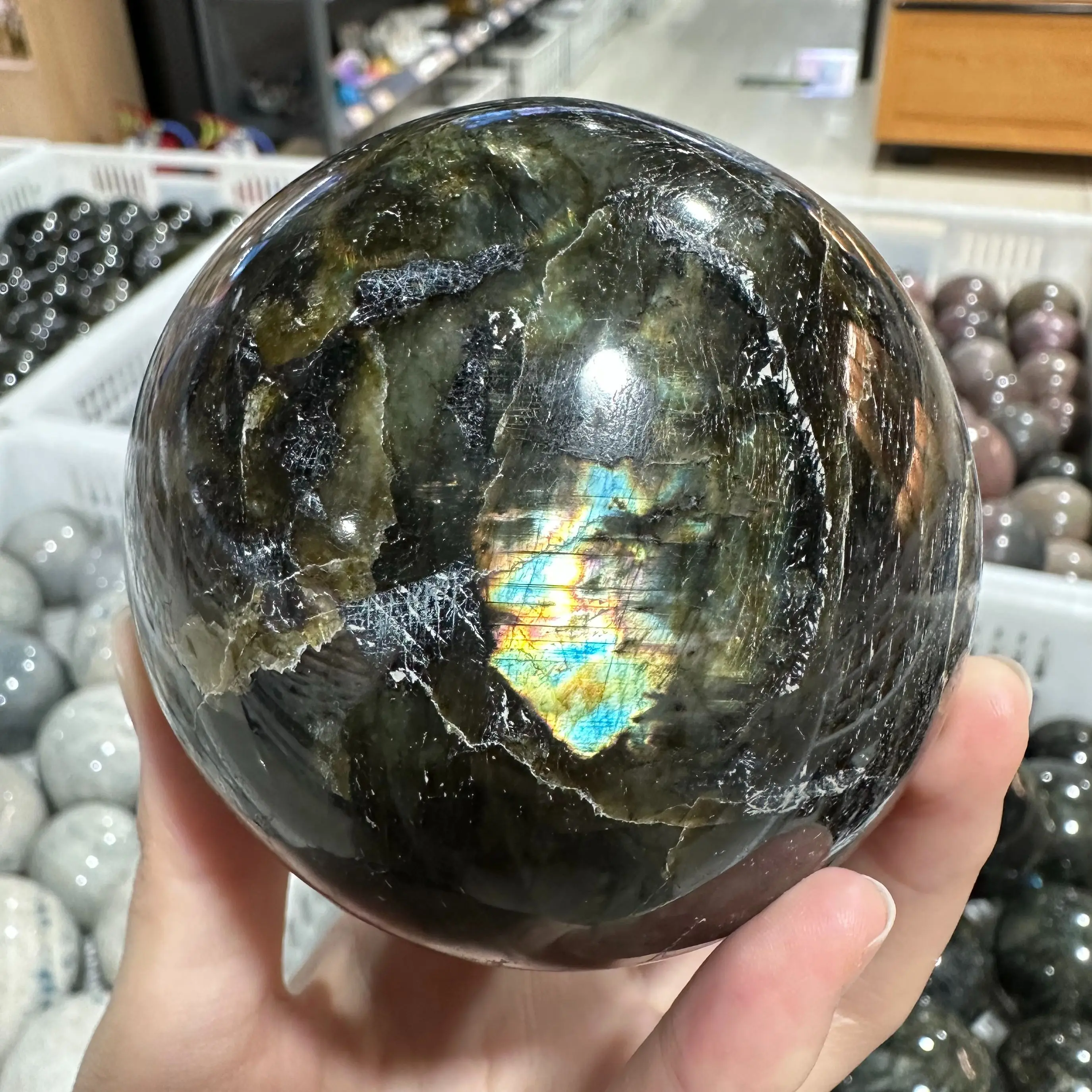 70mm Natural Puxar Feldspato Cristal Polido Bola de Cristal de Quartzo Mineral Reiki Decoração de Casa