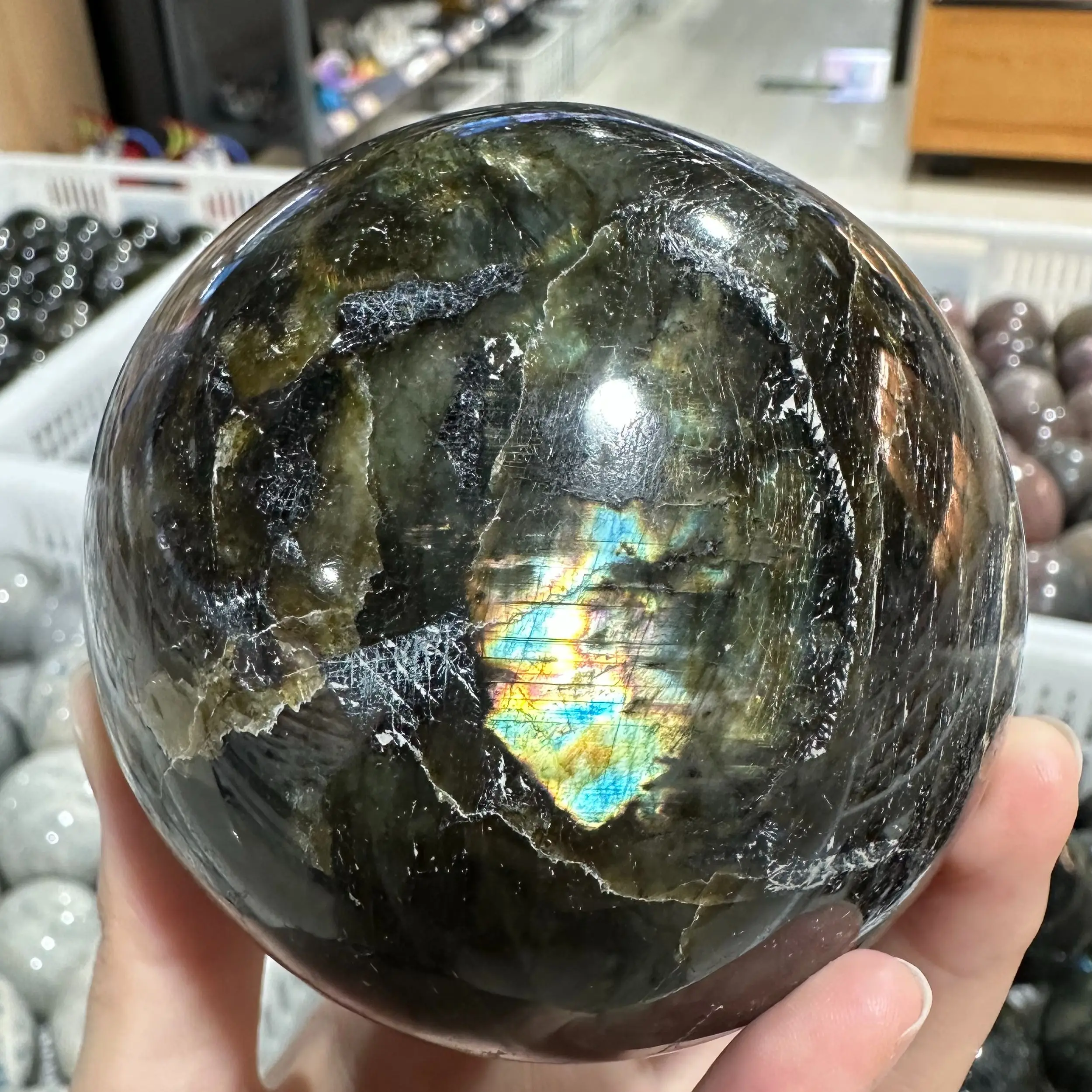 70mm Natural Puxar Feldspato Cristal Polido Bola de Cristal de Quartzo Mineral Reiki Decoração de Casa