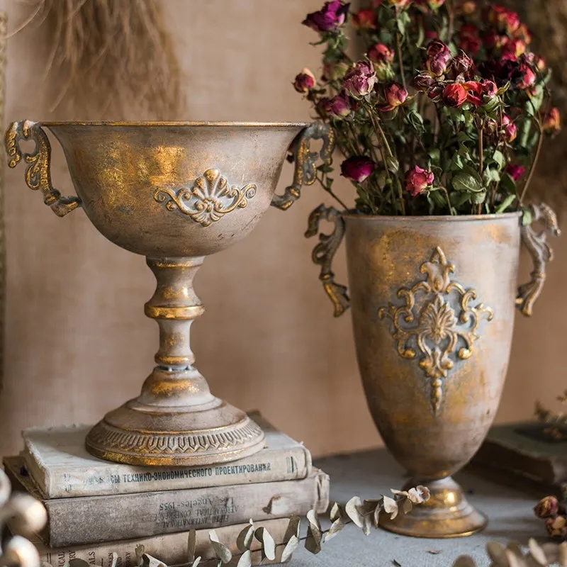 Vintage Antigo Em Ferro Forjado Vaso De Flores Da Decoração De Ouro Prata Europeu Vaso De Flores De Cálice Clássica Decoração Floral