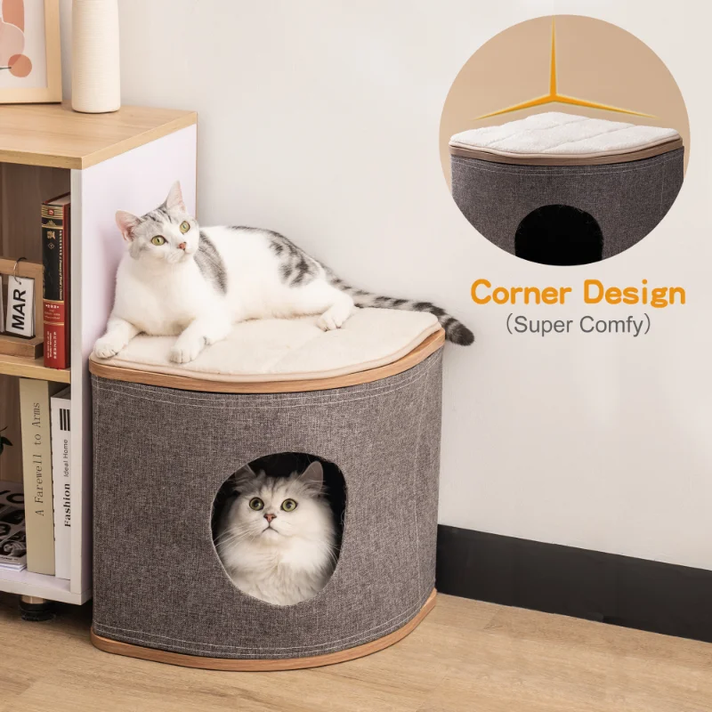 [Acordo de Flash]Gato Gato de Casa de Cama para Gatos de Madeira de Canto Gato Casa Caverna com 2Washable Almofadas Aparência Triangular Design